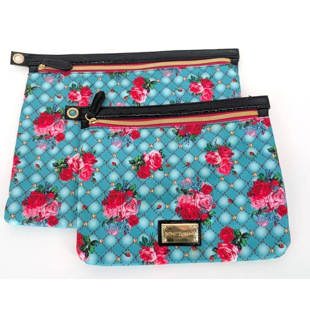 Betsey Johnson Rose Floral Makeup Pouch Set of 2 Travel Cosmetic Bags Retro Glam - Picture 2 of 10
